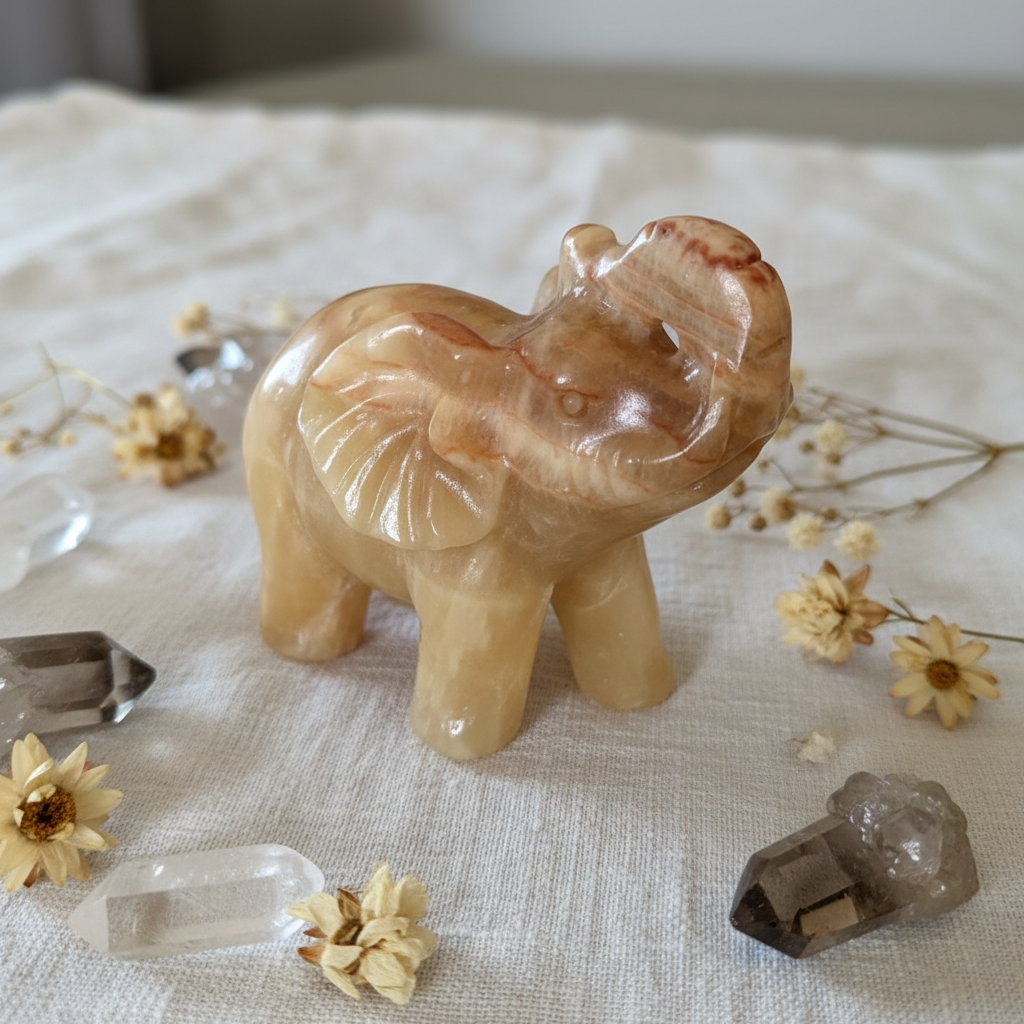 Elefante Calcite Gialla - su lino con cristalli