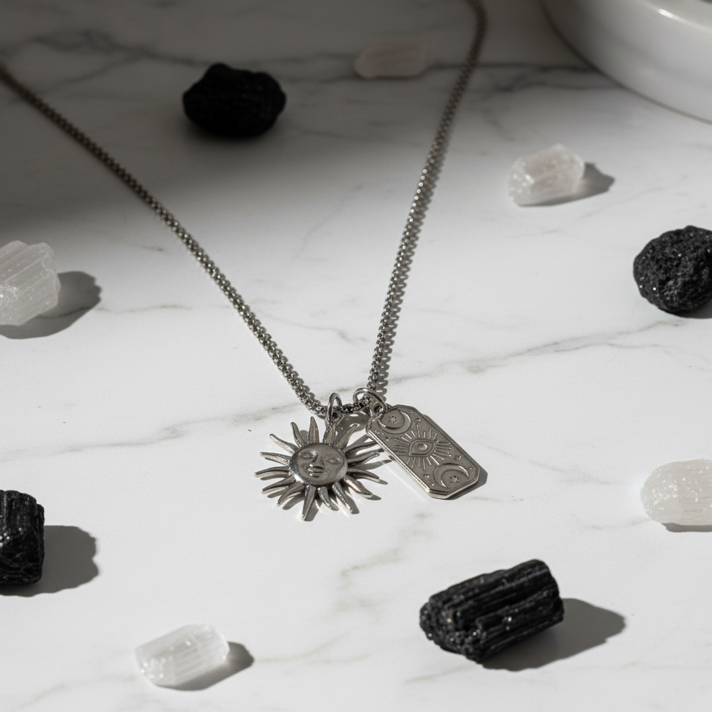 Collana Sole e Luna Tarocchi su marmo bianco