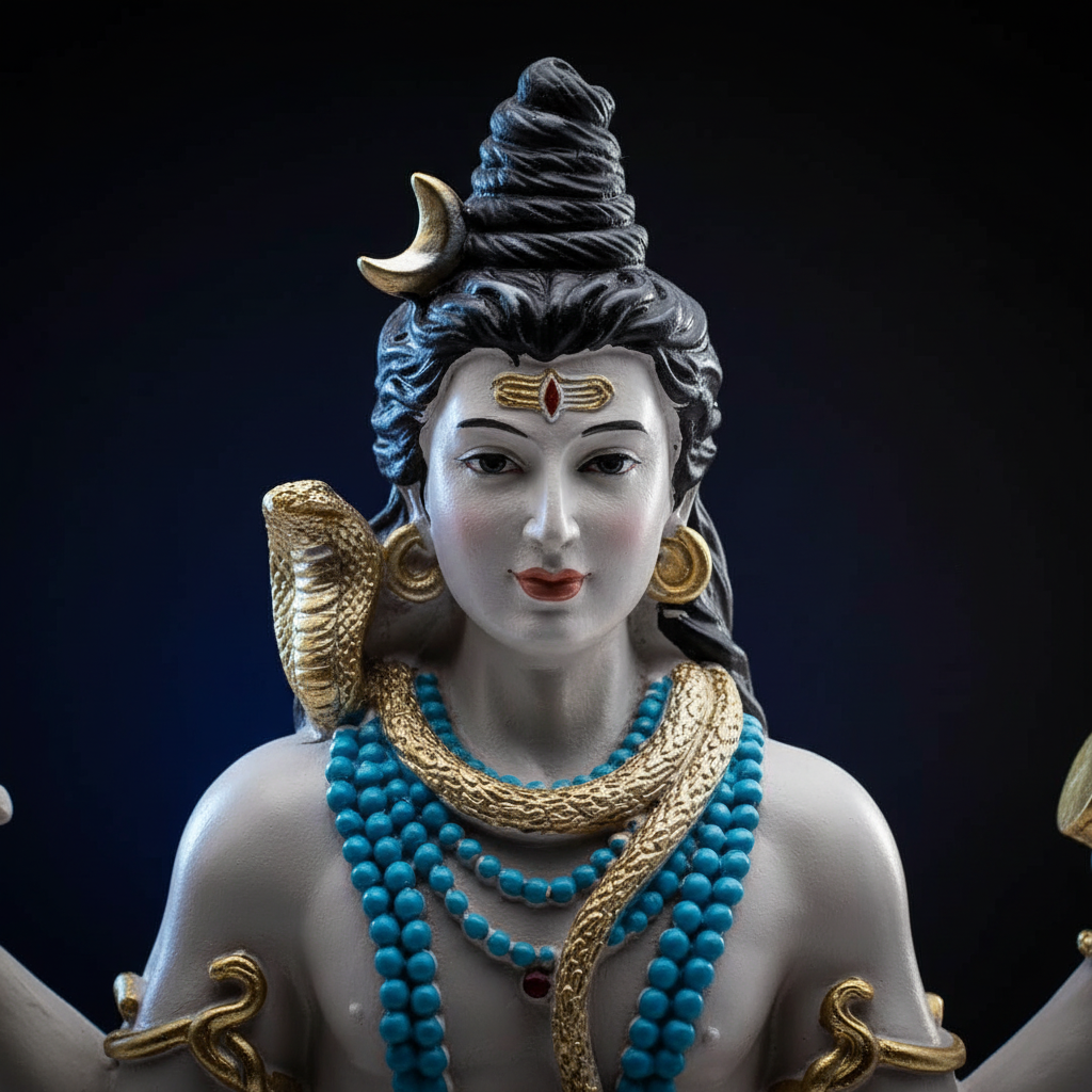Macro dettaglio viso e gioielli statua Shiva meditazione