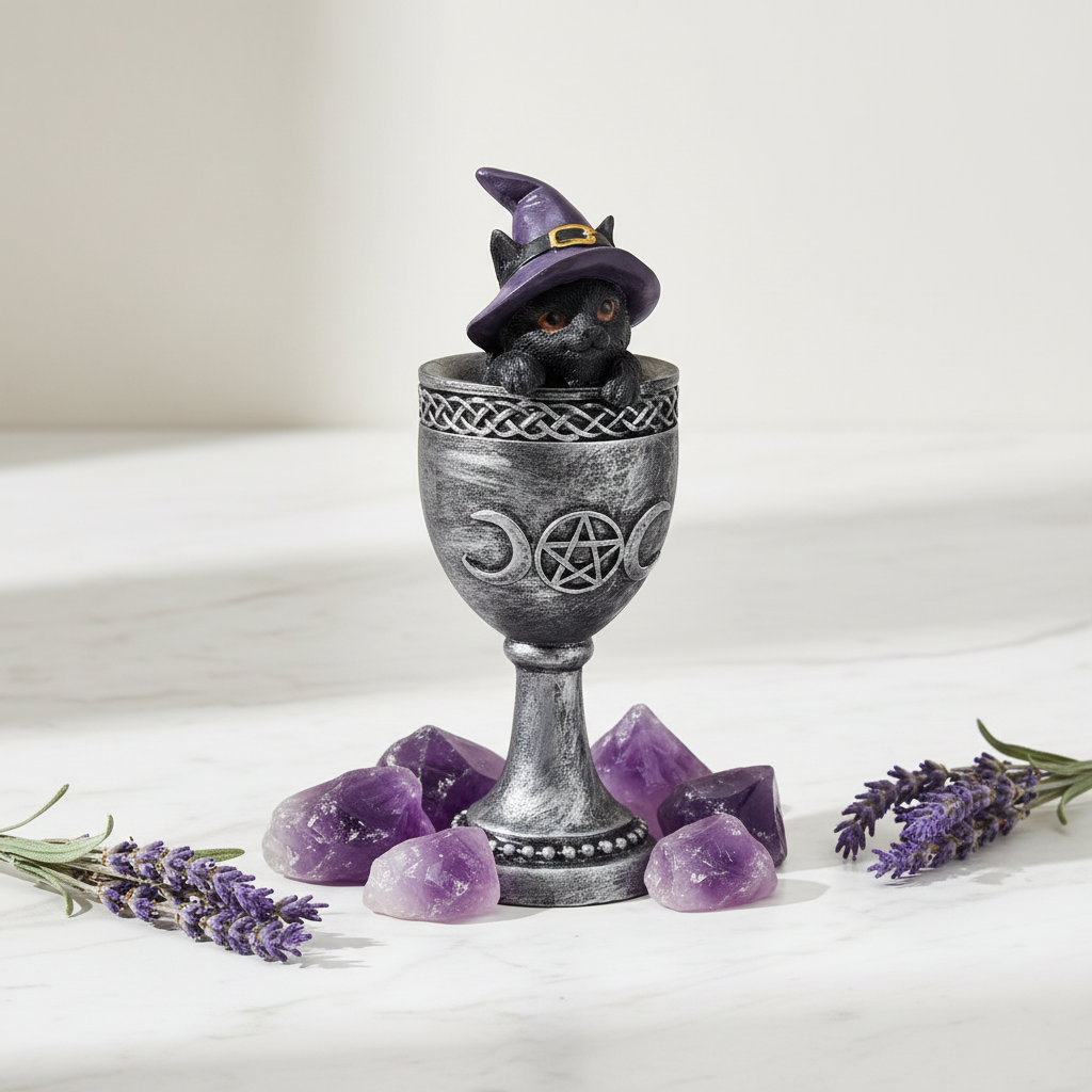 Statuina gatto Wicca con cappello viola nel calice su marmo bianco con ametiste e lavanda