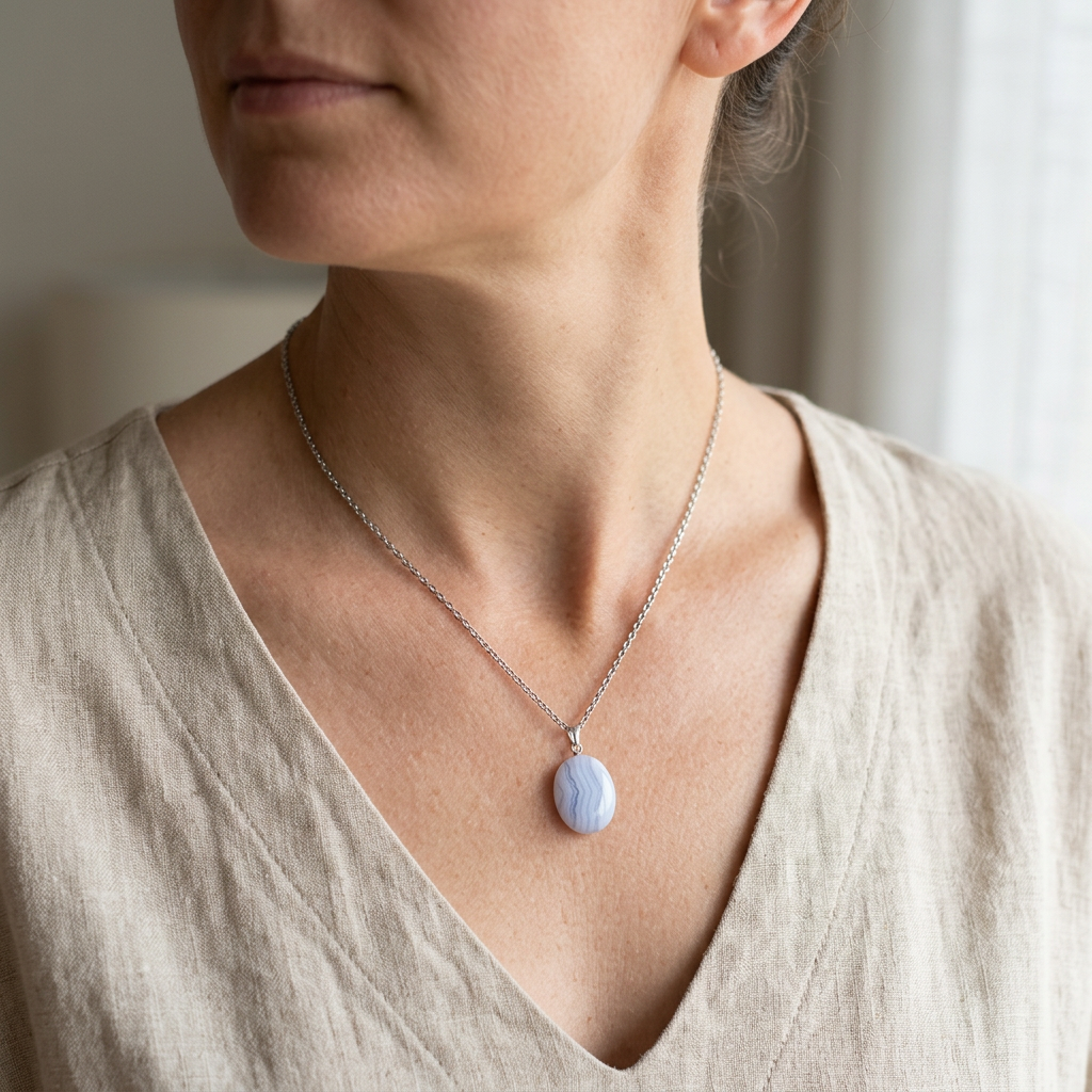 Collana Blue Lace con cabochon solo pietra indossata su beige