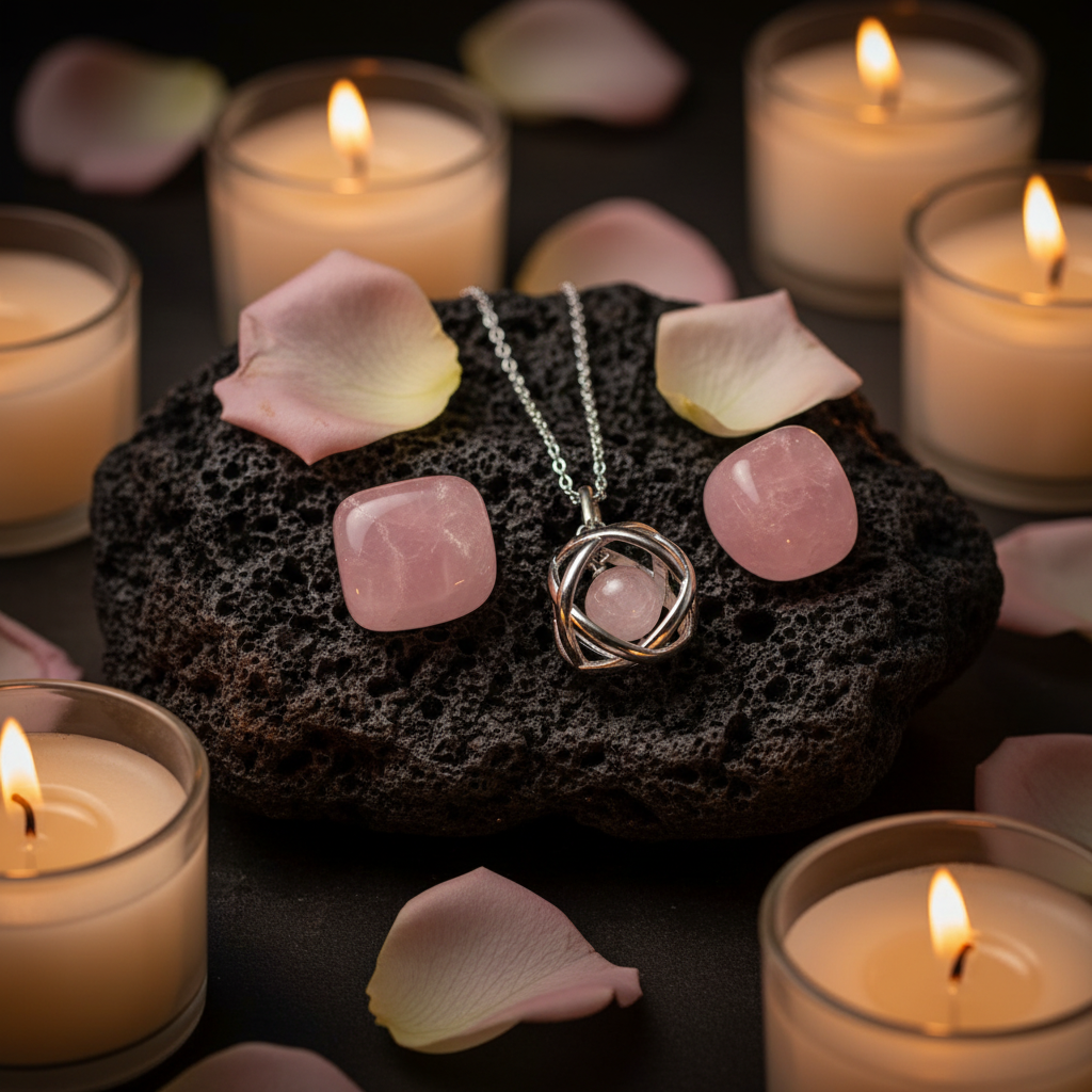 Collana Genesa Quarzo Rosa - sfondo pietra vulcanica