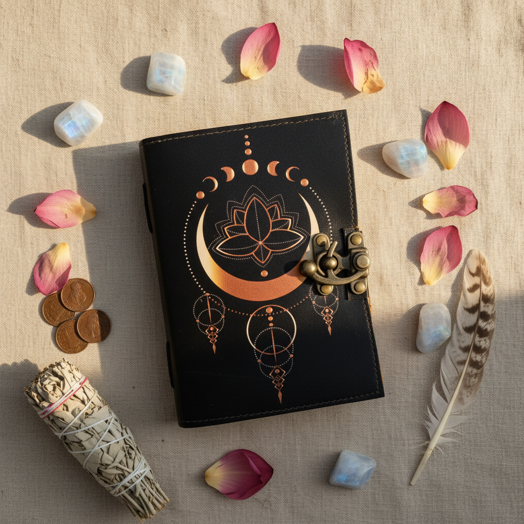 Grimorio Luna Crescente e Loto - flatlay lino con petali di loto e moonstone