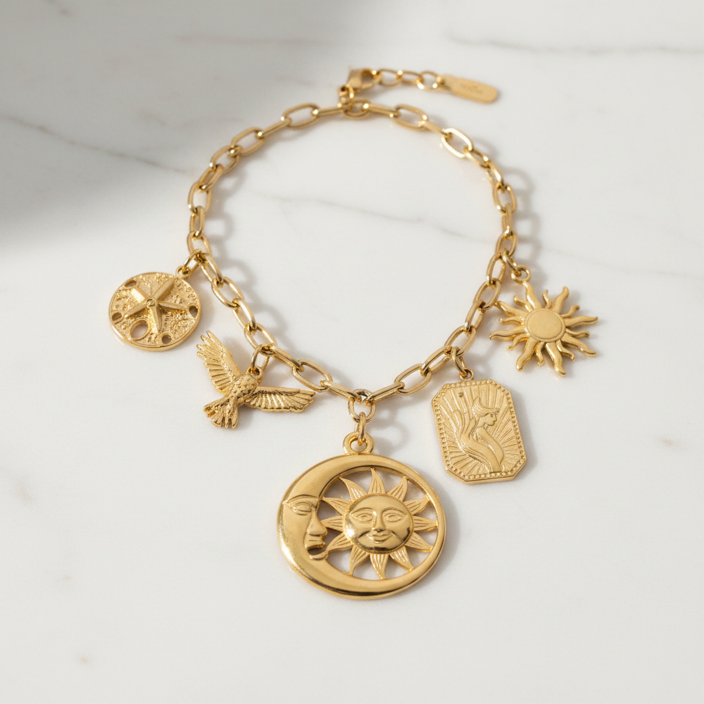 Collana Sole e Luna - flat lay su marmo bianco