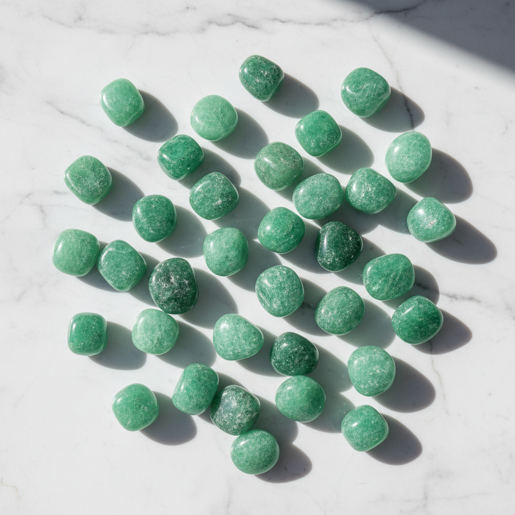 Avventurina verde tumbled flatlay su marmo