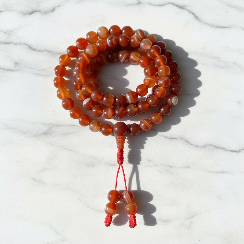 Mala tibetano agata rossa striata - flatlay su marmo