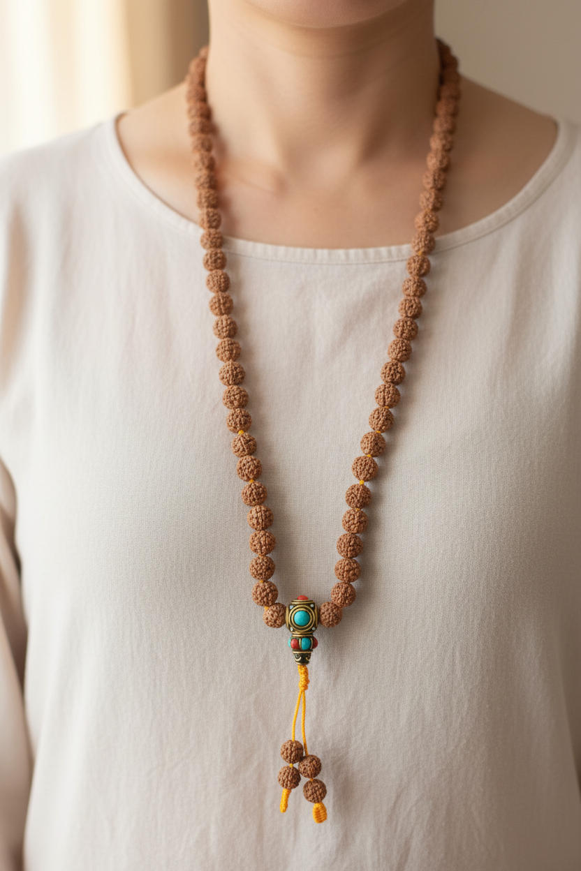Japamala semi di rudraksha tibetano - collana lunga 70cm indossata