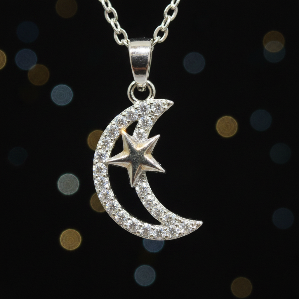 Collana luna e stella zirconi silver macro close-up