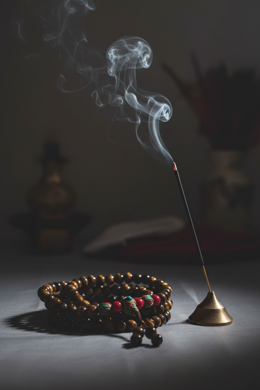 Japamala occhio di tigre separatori tibetani - con incenso e fumo