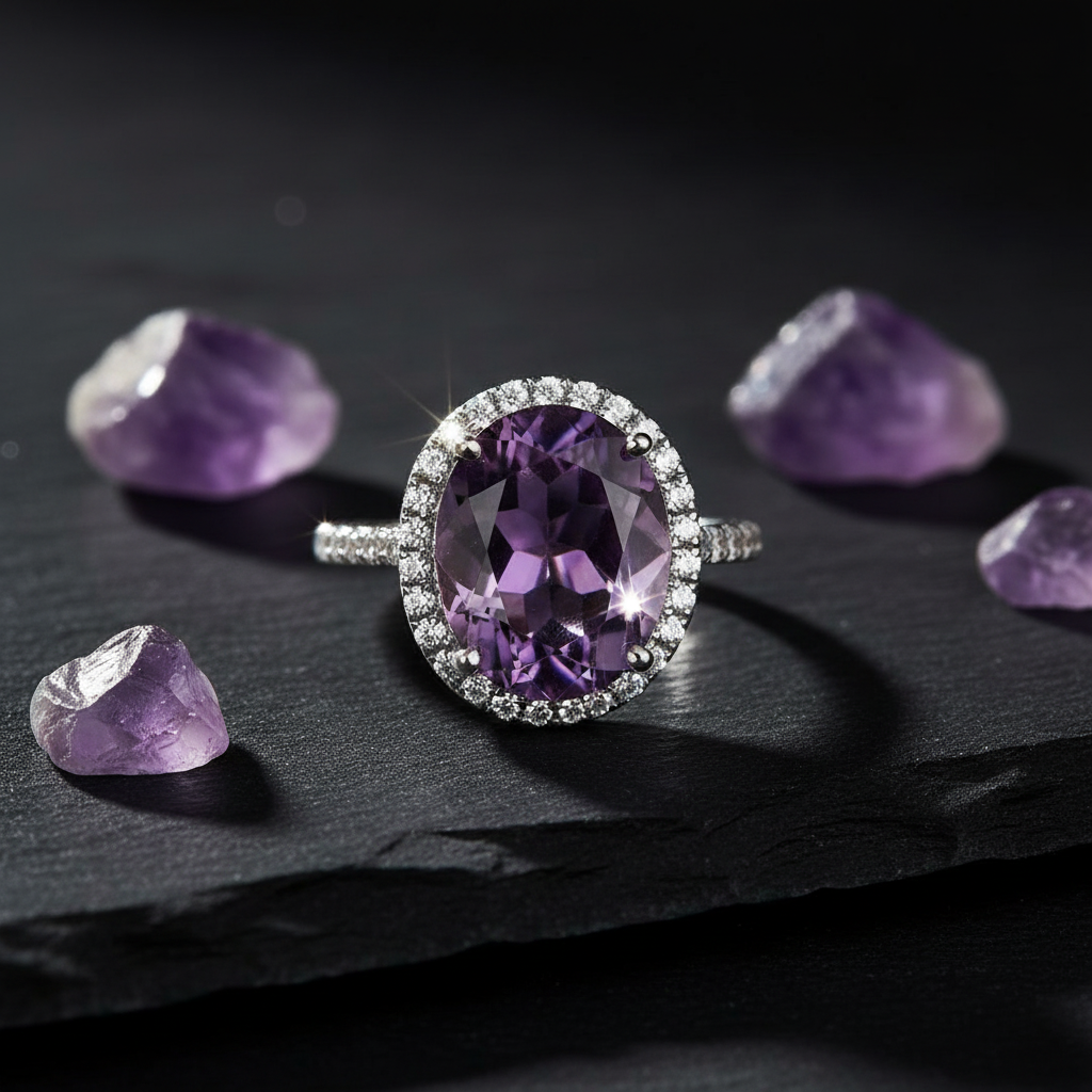 Anello ametista sfaccettata su ardesia scura con cristalli