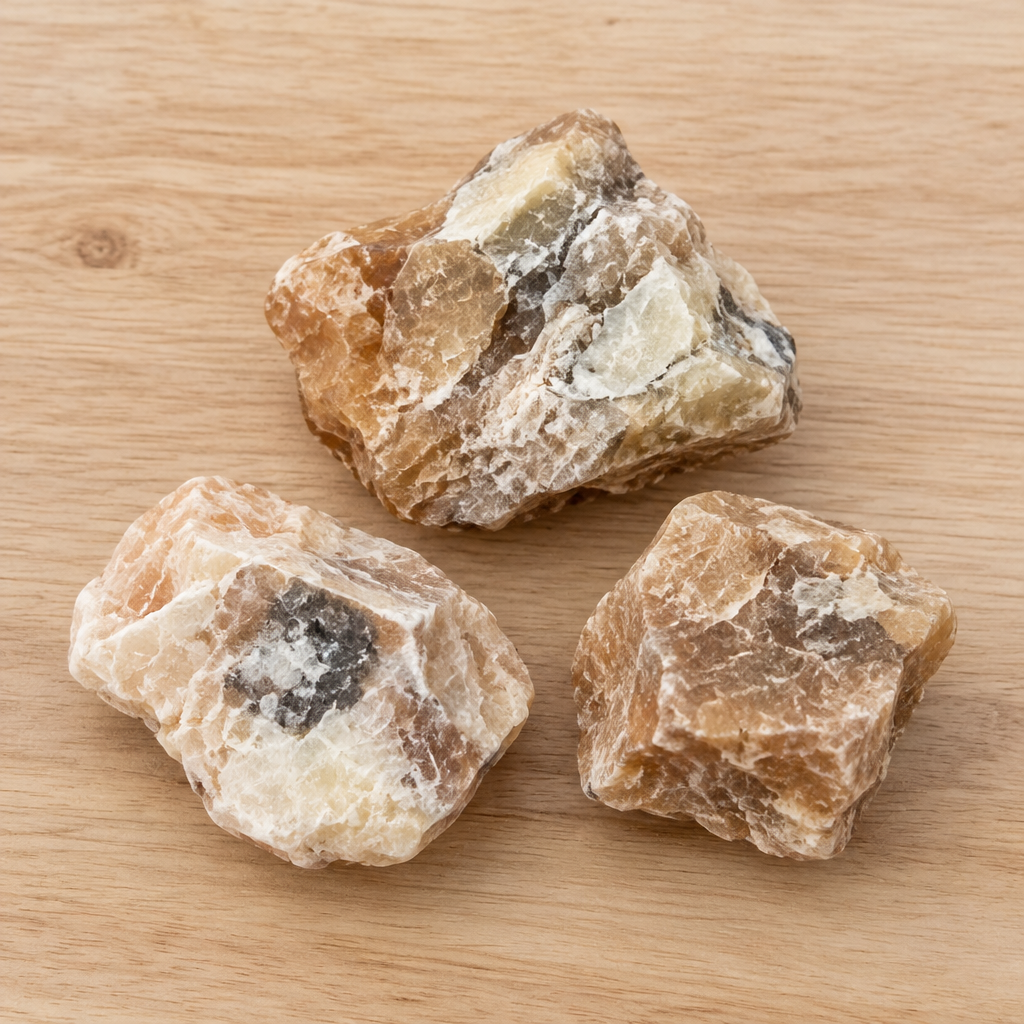 Calcite ambra grezza su legno