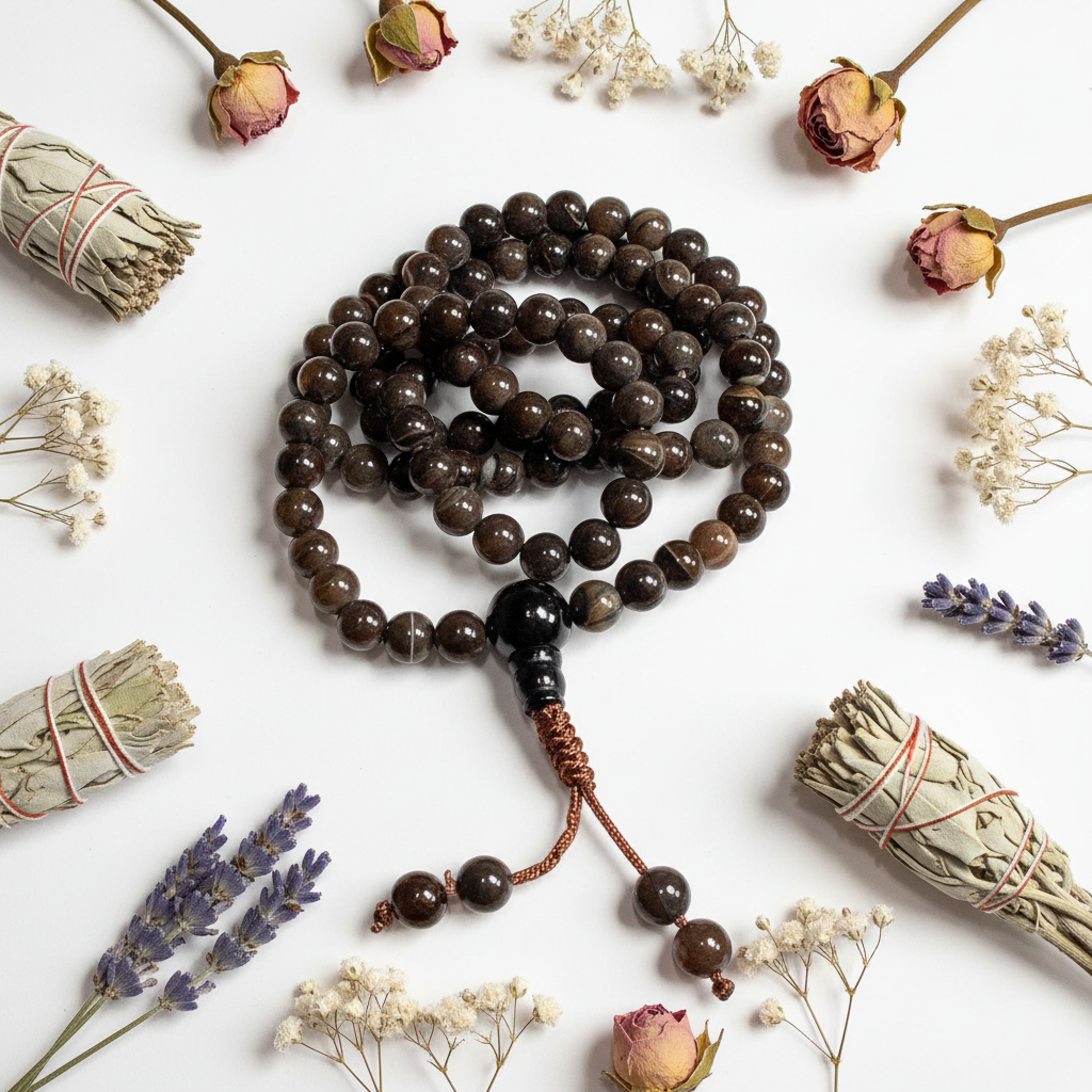 Mala agata bronzo con fiori secchi e salvia