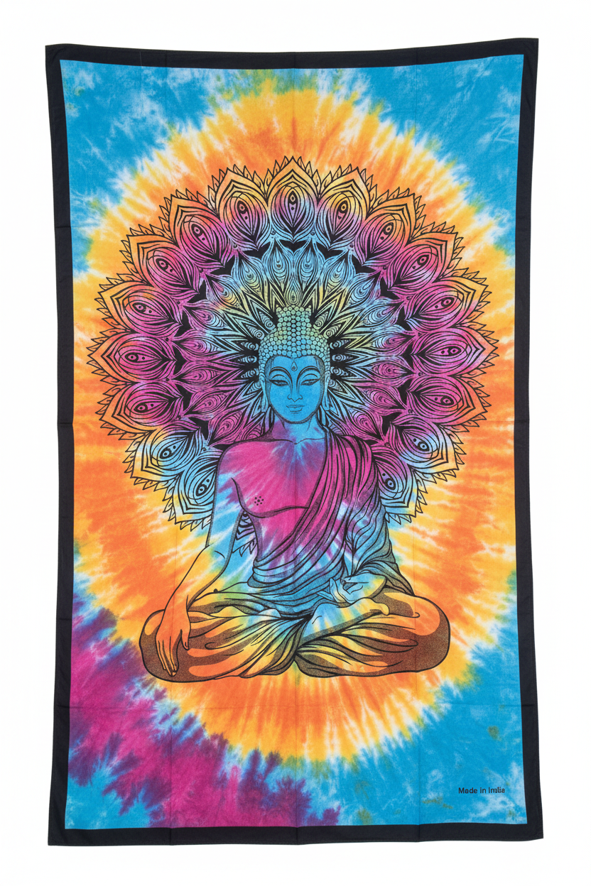 Telo Buddha mandala pavone tie-dye su sfondo bianco