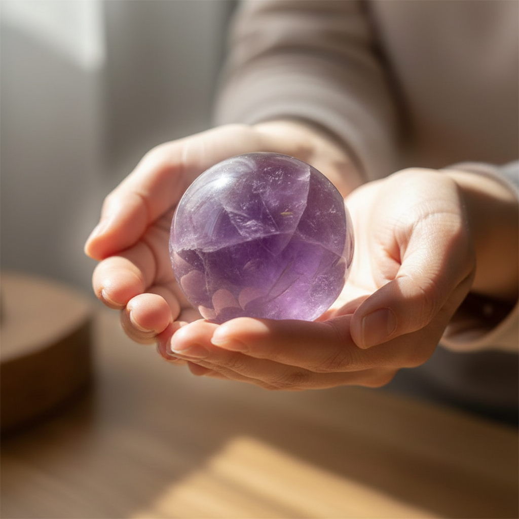 Sfera Ametista Naturale tenuta in mano meditazione