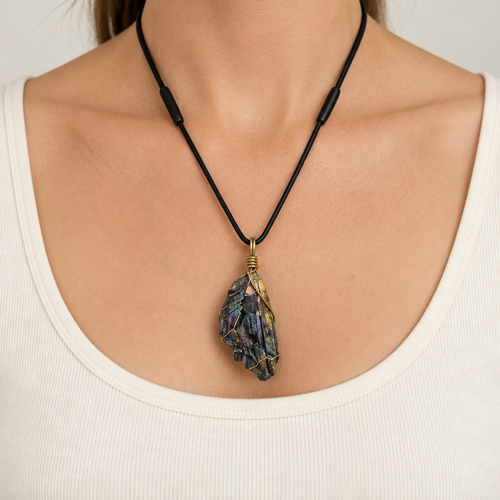 Collana in tormalina aura multicolor indossata