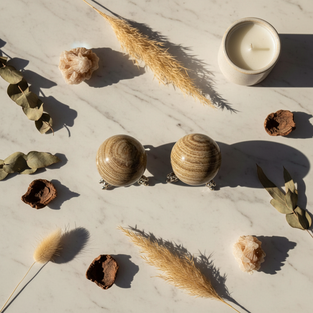 Sfere Aragonite - flatlay marmo con botaniche e candela