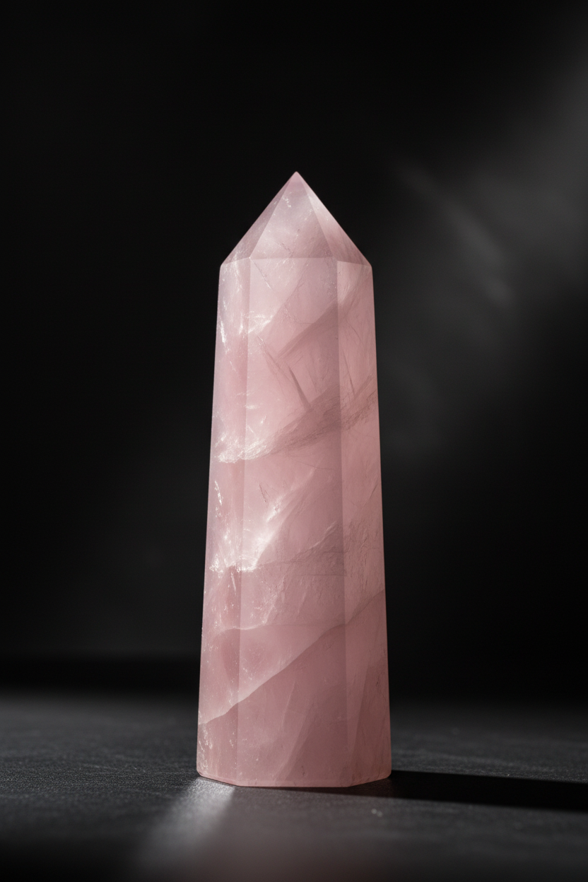 Obelisco quarzo rosa sfondo scuro luce drammatica