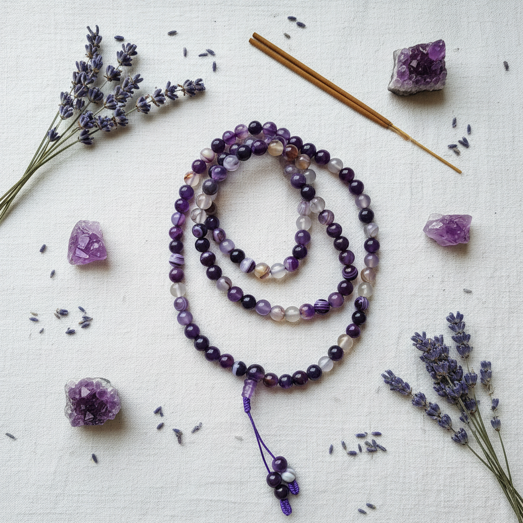 Japamala agata viola - composizione lavanda e ametista