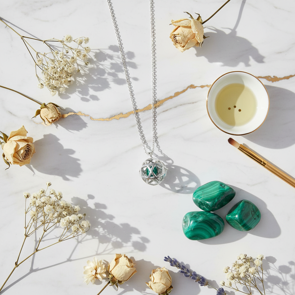 Collana Pentasfera Malachite - sfondo marmo luxury