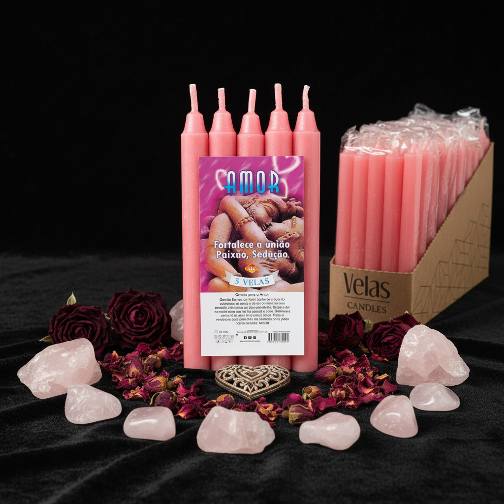 Candele rituali amore su velluto nero con rose rosse secche e quarzo rosa