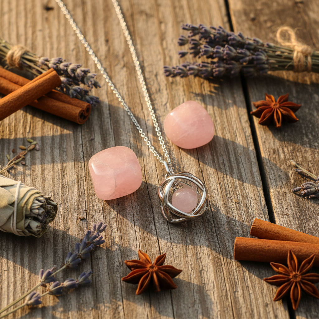 Collana Genesa Quarzo Rosa - sfondo legno rustico