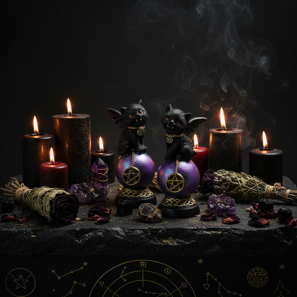 Gatto Wicca sulla sfera con pentacolo su altare mistico con candele e cristalli