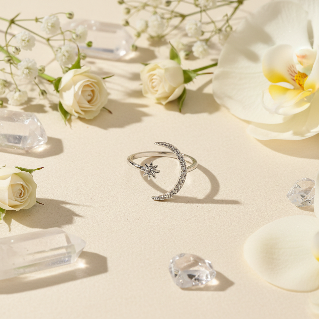 Anello regolabile color argento con sole e luna con fiori chiari e cristalli