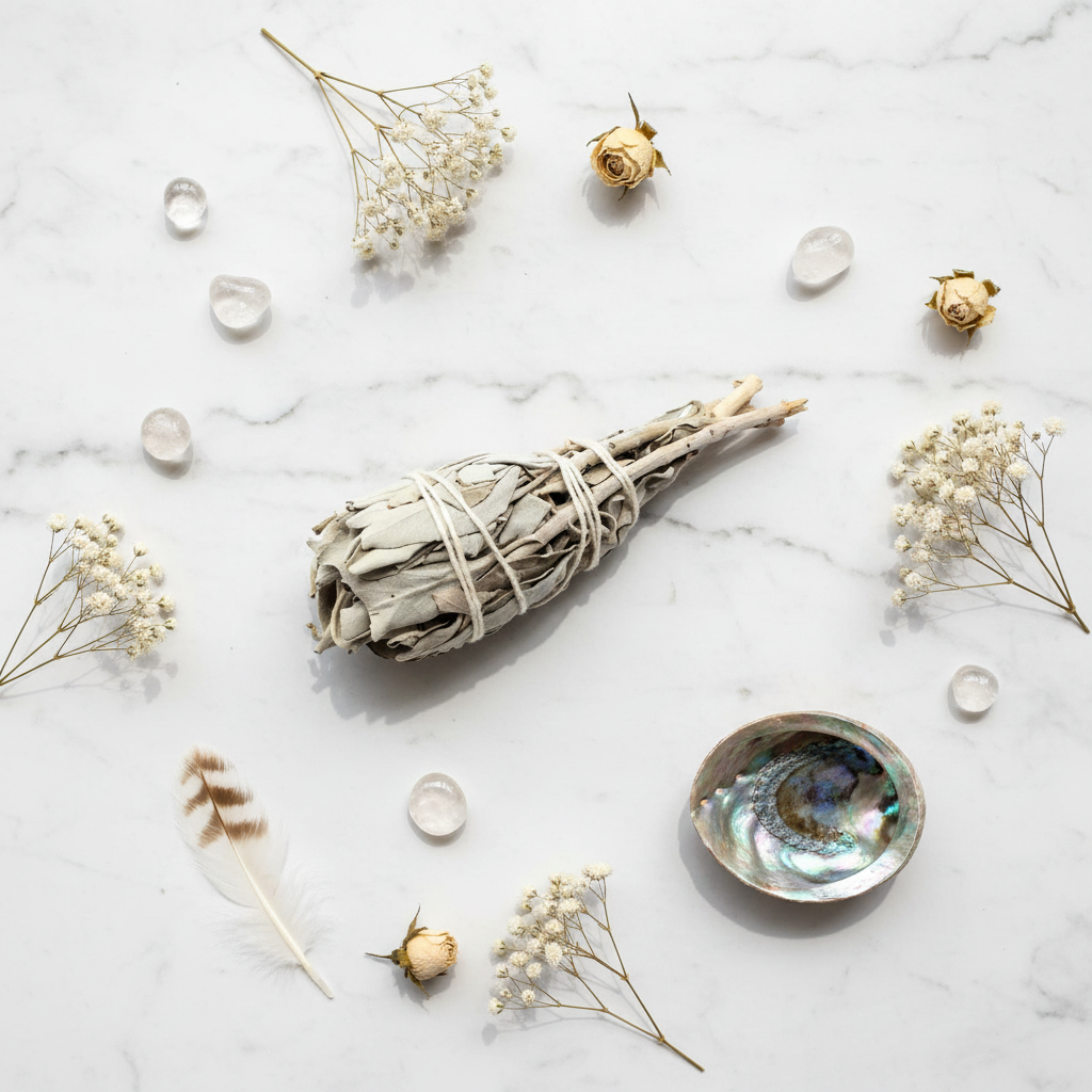 Torcia di Salvia Bianca - flat lay marmo