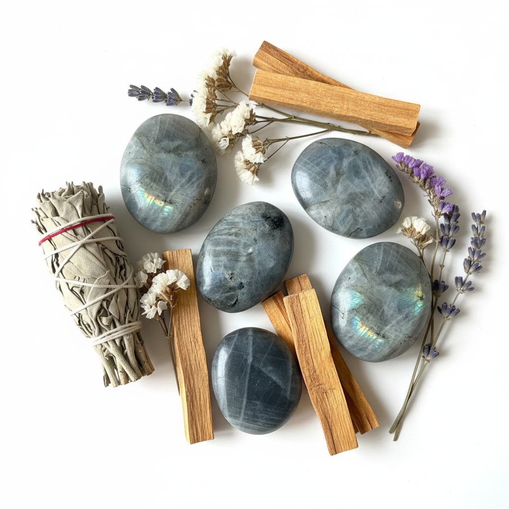 Palmstone labradorite chiara - composizione con fiori secchi e salvia