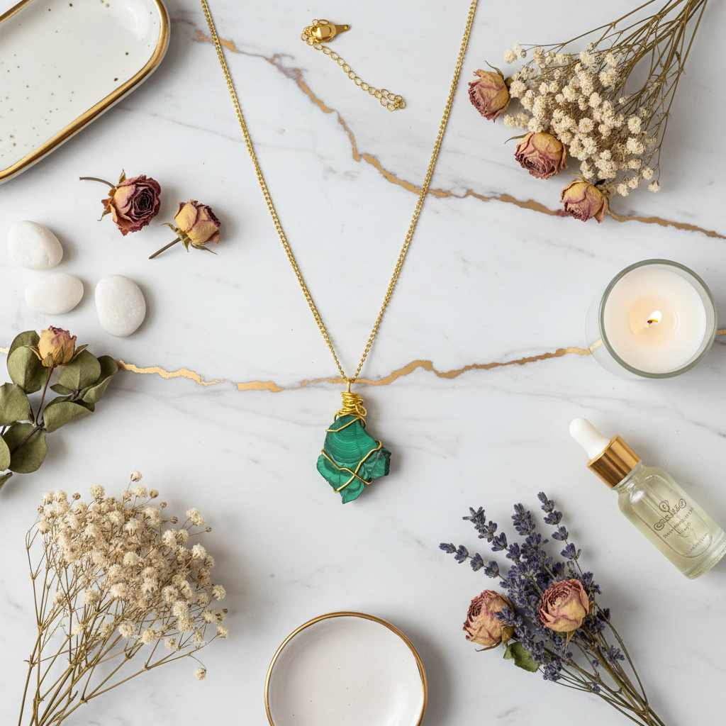 Collana Malachite Grezza Artigianale - sfondo marmo luxury