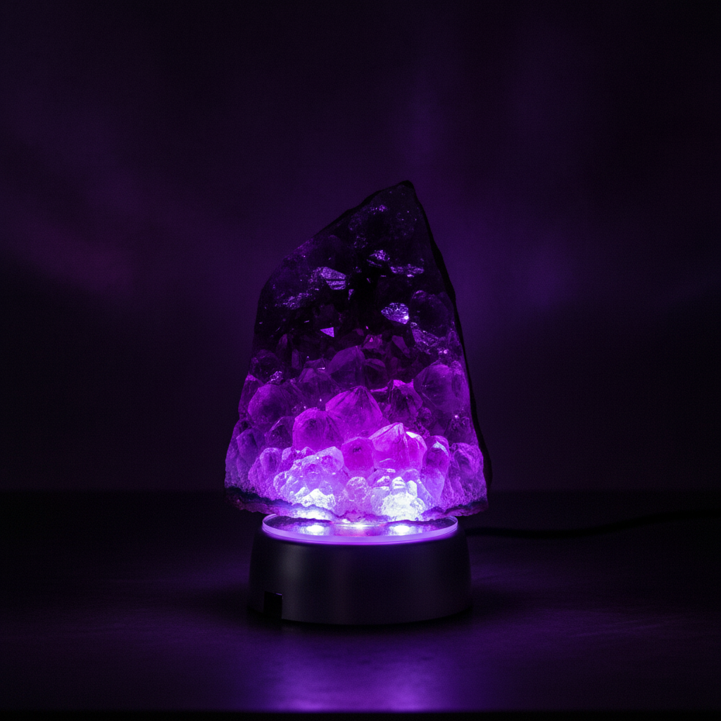 Ametista illuminata con luce viola su base LED