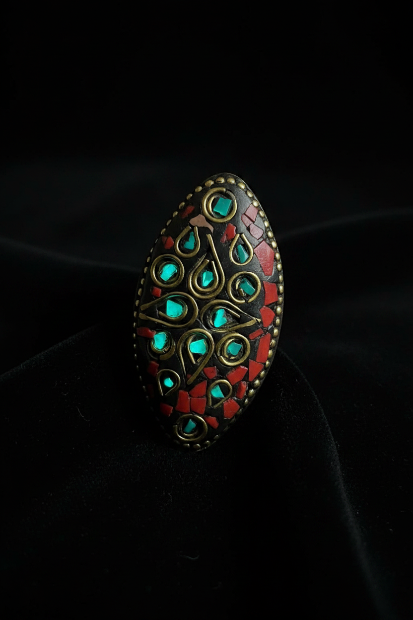Anello gocce malachite corallo - dark velluto nero