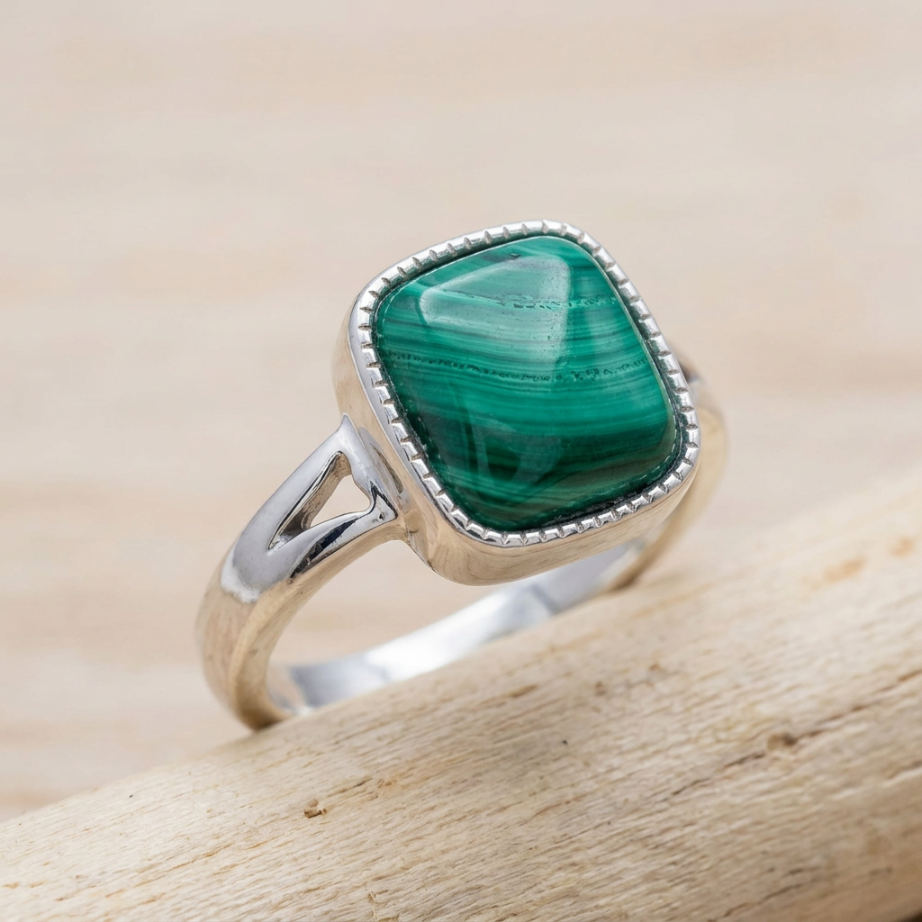 Anello 308 con malachite su legno chiaro