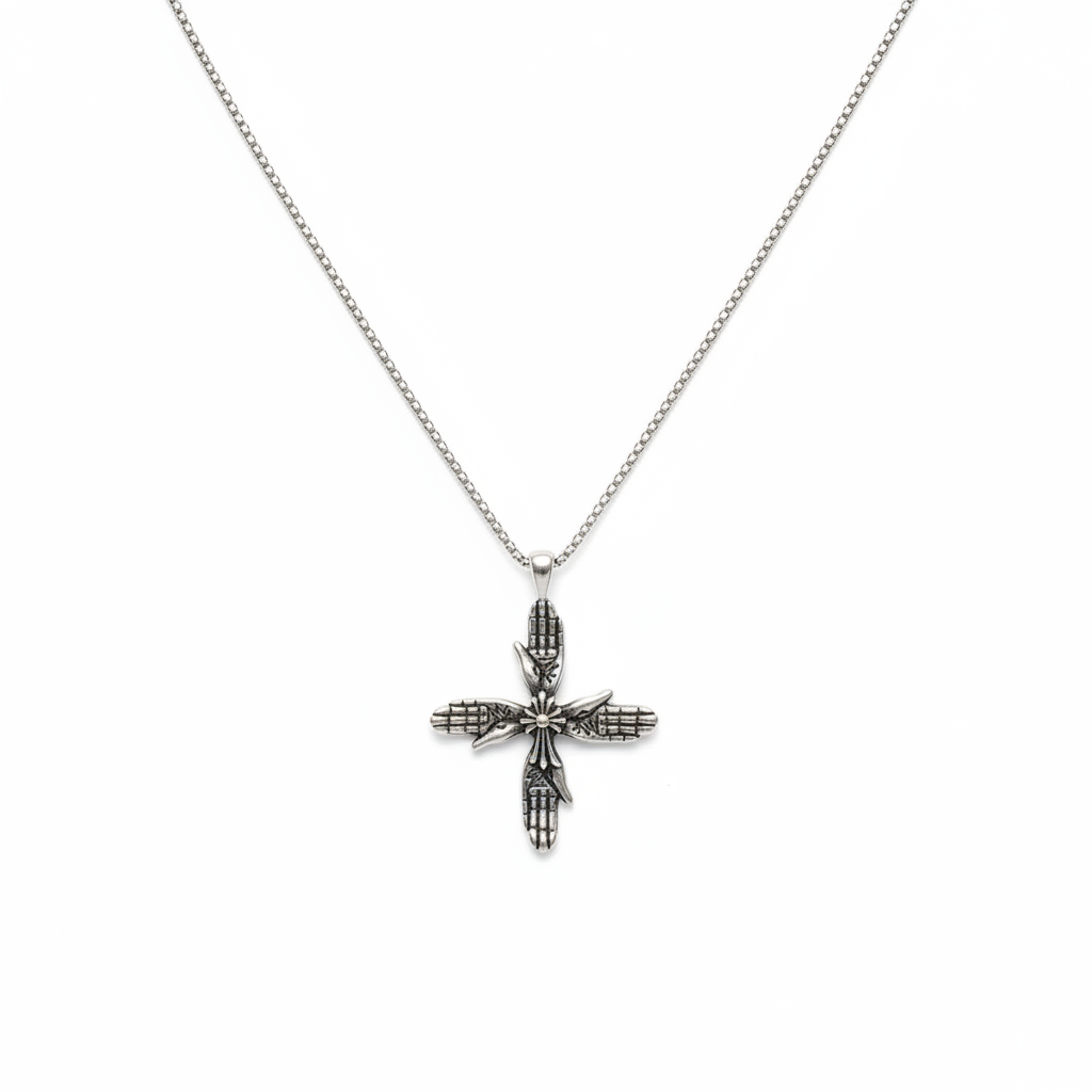 Collana Croce Quattro Mani flat lay sfondo bianco
