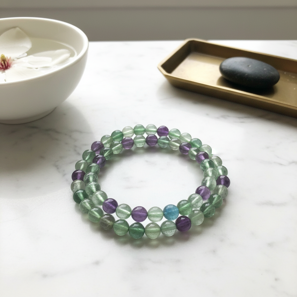 Bracciale Fluorite Arcobaleno - Product shot su marmo
