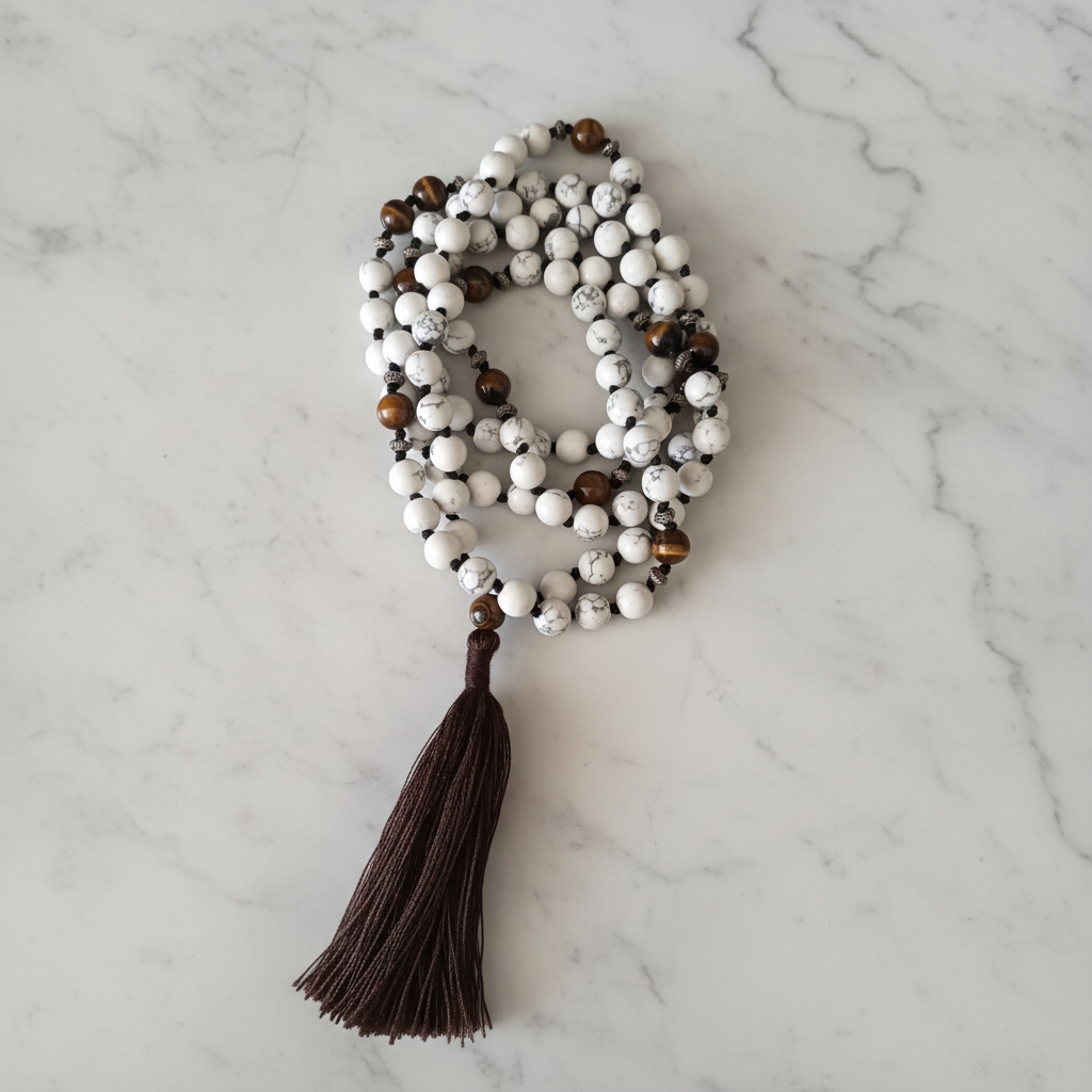 Japamala howlite e occhio di tigre - flatlay su marmo