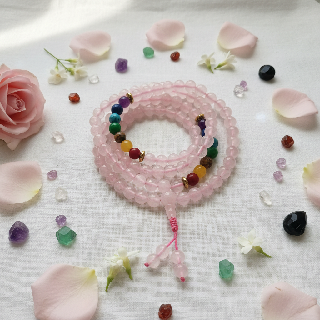 Japamala 7 chakra quarzo rosa con fiori e cristalli