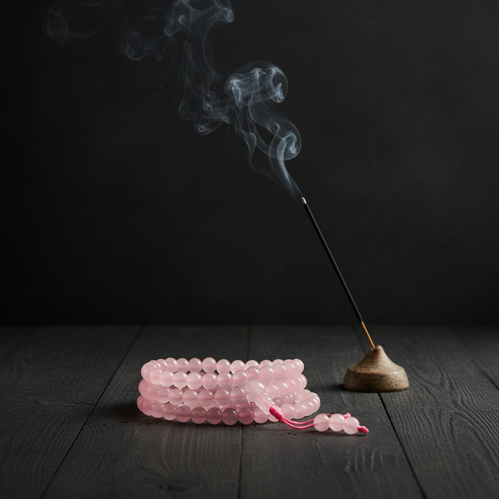 Japamala in quarzo rosa con incenso e fumo