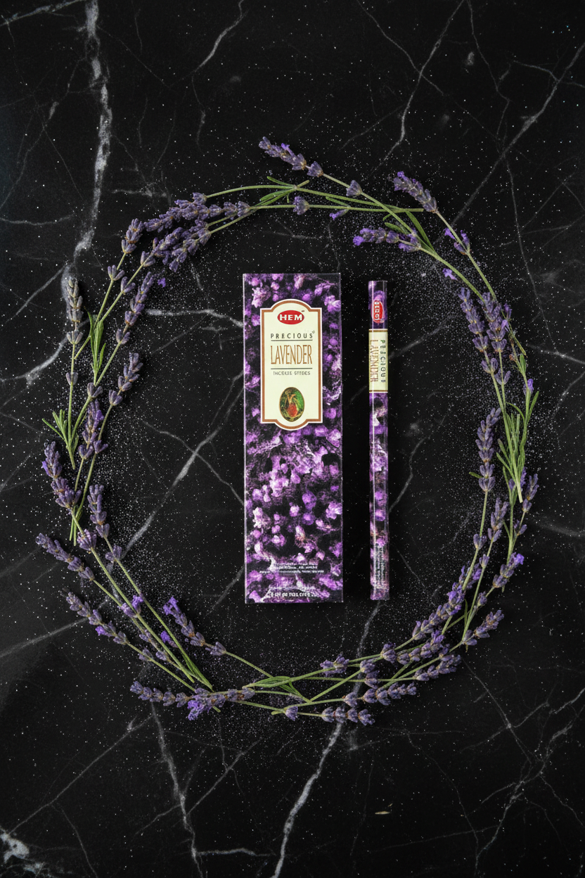 HEM Precious Lavender - flatlay dall'alto su marmo nero con lavanda a cerchio