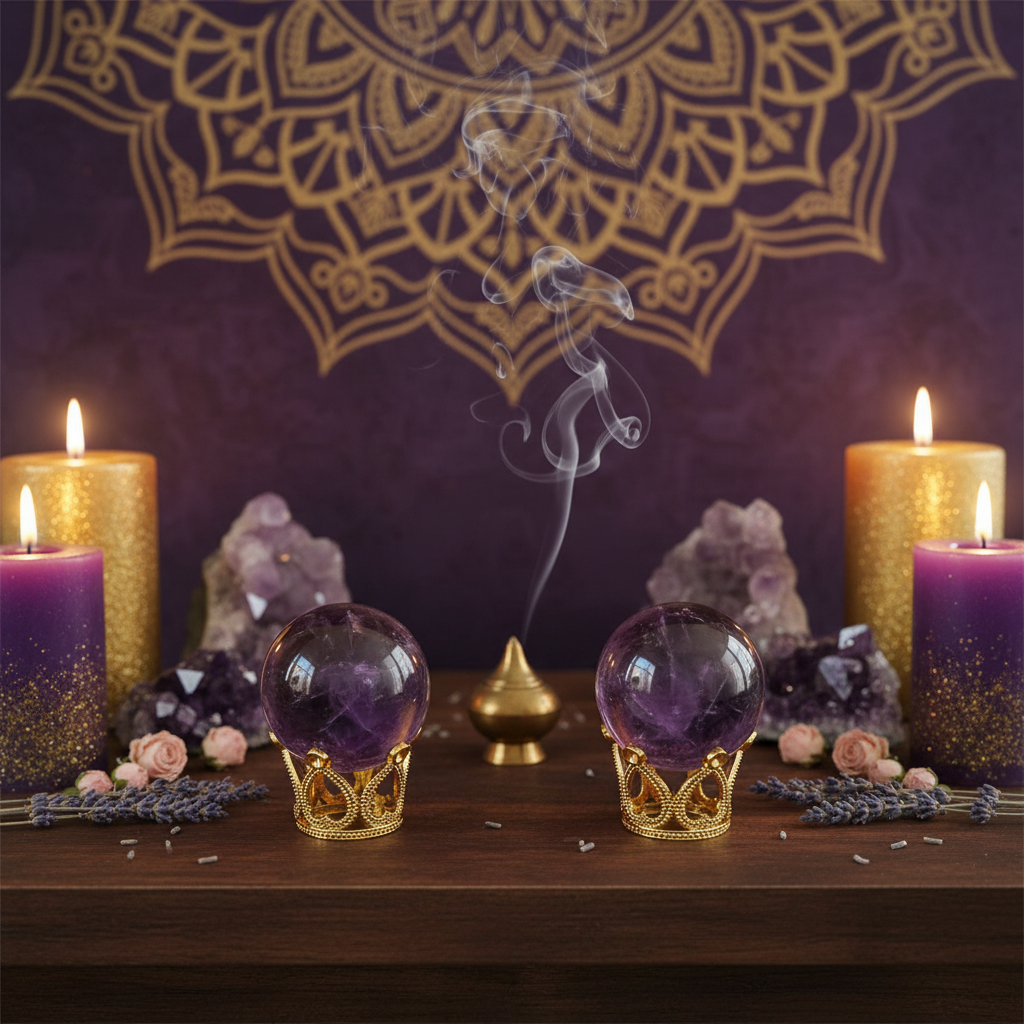 Sfere Ametista - altare spirituale con candele viola e oro