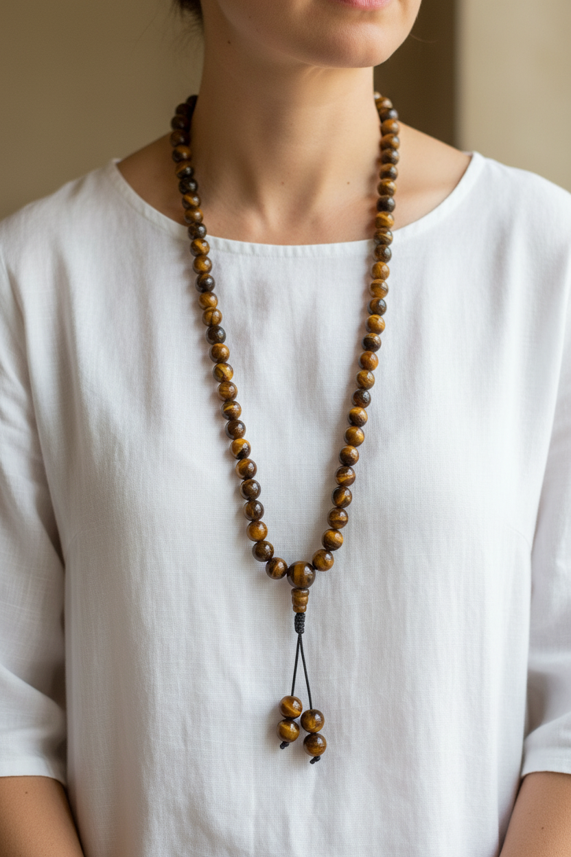 Mala occhio di tigre indossata come collana