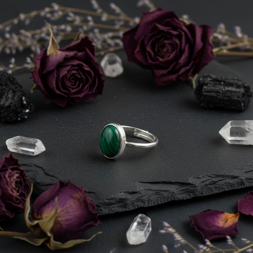 Anello malachite - flat lay esoterico