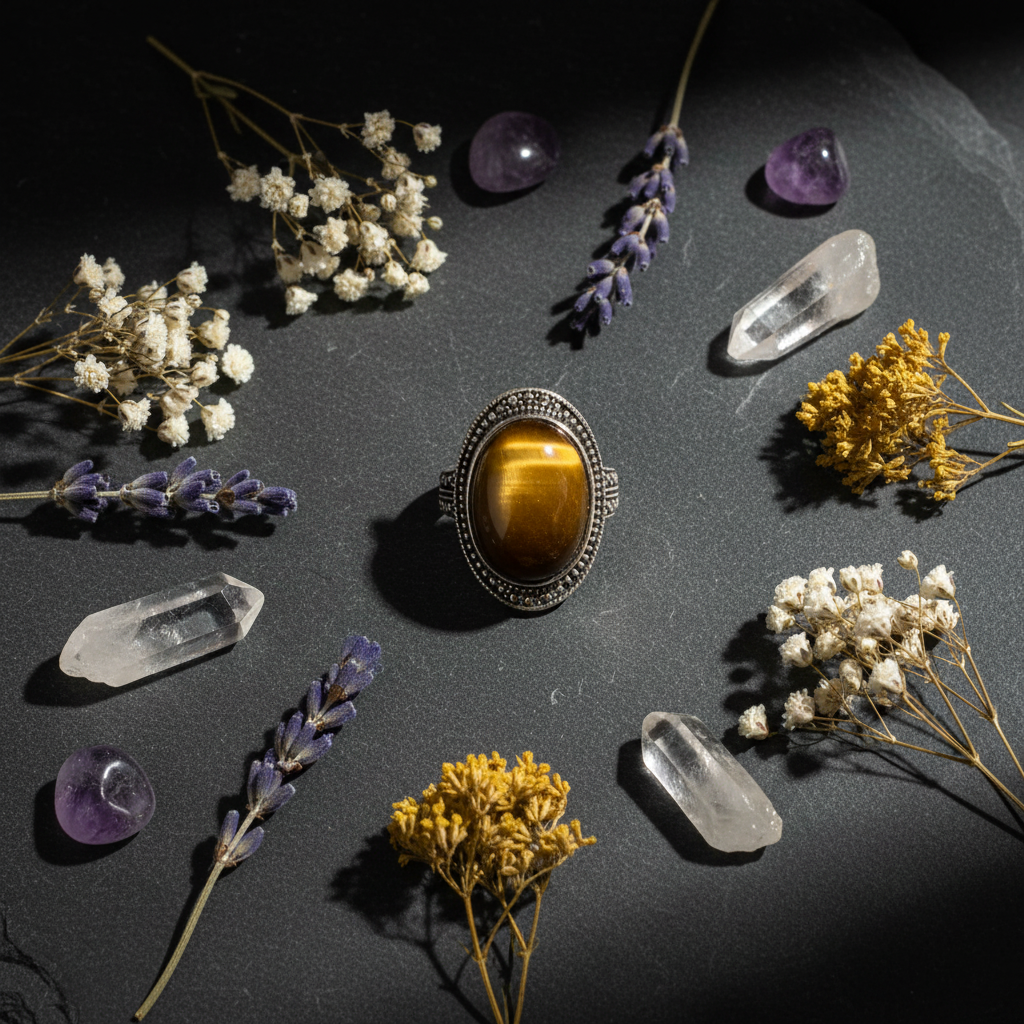 Anello occhio di tigre - flat lay esoterico