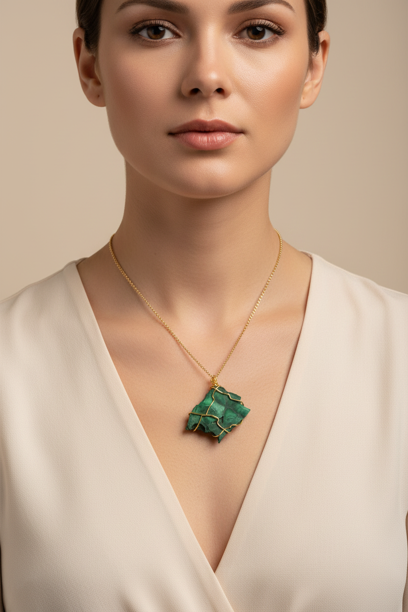 Collana Malachite Grezza Grande Artigianale indossata