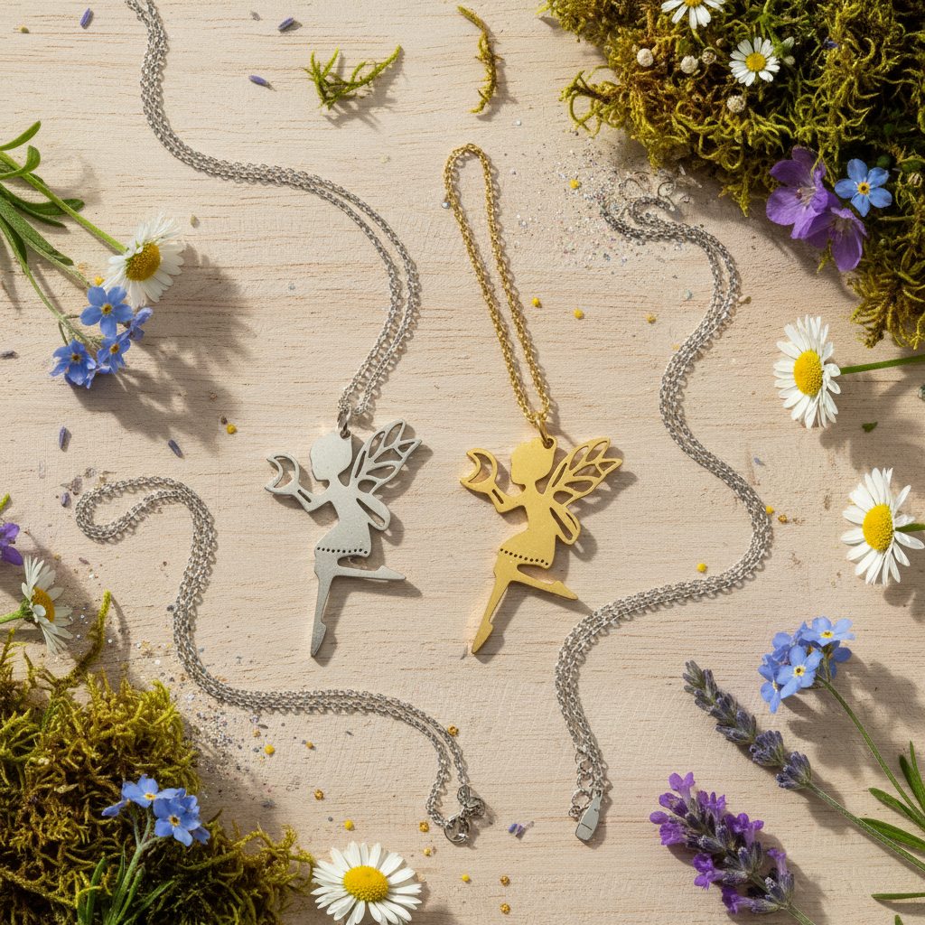 Collana Fata con Luna - flat lay bosco incantato