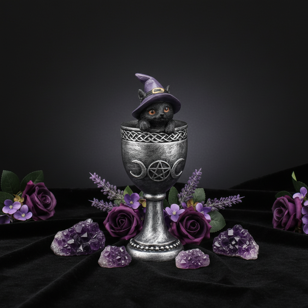 Statuina gatto Wicca con cappello viola nel calice su velluto nero con ametiste e fiori viola