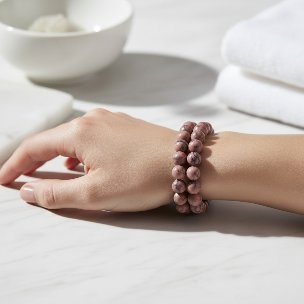 Bracciale Rodonite 8mm - lifestyle indossato 2