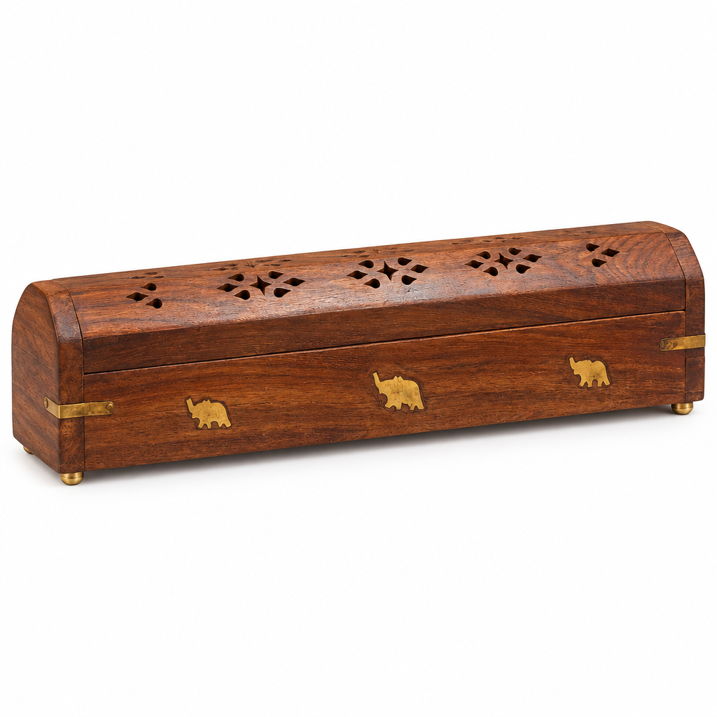 Porta incenso artigianale da 30 cm in legno di sheesham e ottone chiuso