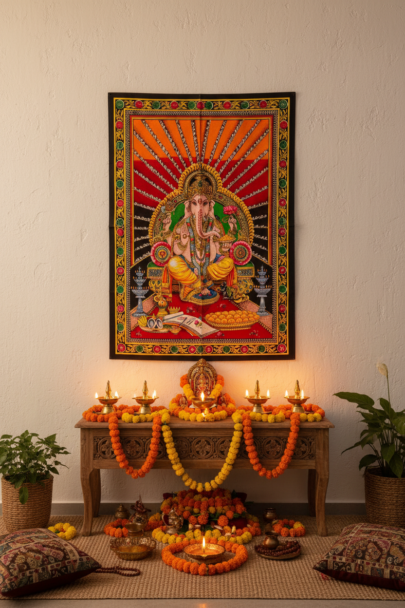 Telo Ganesha appeso in stanza con fiori e lampade