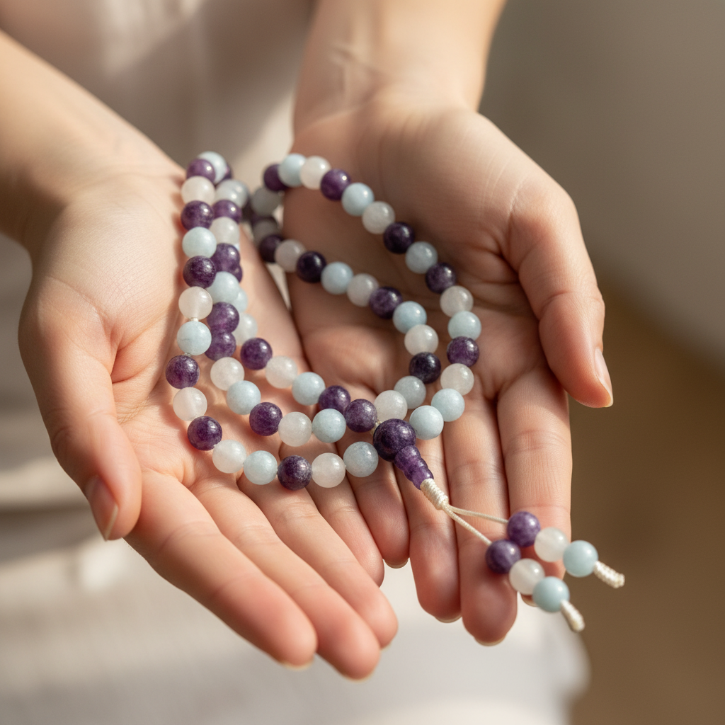 Mala lepidolite acquamarina agata tenuta in mano